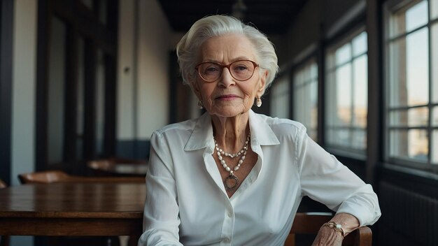 Photo graceful elderly woman in stylish white shirt exuding confidence and elegance