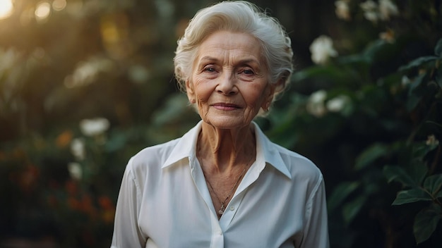 Graceful Elderly Woman in Stylish White Shirt Exuding Confidence and Elegance