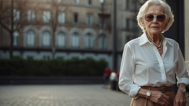 Photo graceful elderly woman in stylish white shirt exuding confidence and elegance