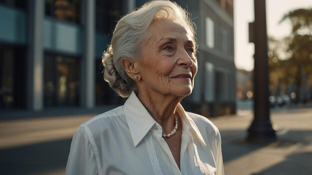 Graceful Elderly Woman in Stylish White Shirt Exuding Confidence and Elegance