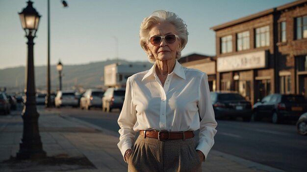 Photo graceful elderly woman in stylish white shirt exuding confidence and elegance