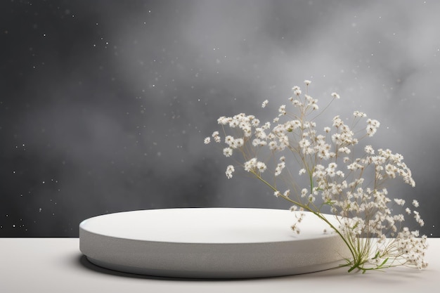 Graceful Elegance A Captivating 3D Render of an Empty Podium Embraced by White Gypsophila Flowers