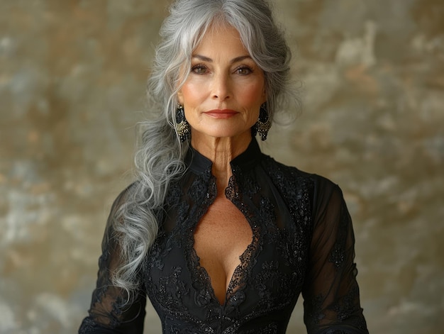 Graceful elegance of a mature woman in black lace with silver hair