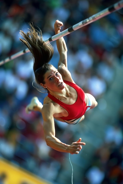 Photo graceful female pole vaulter clearing the bar in stadium with softfocused crowd