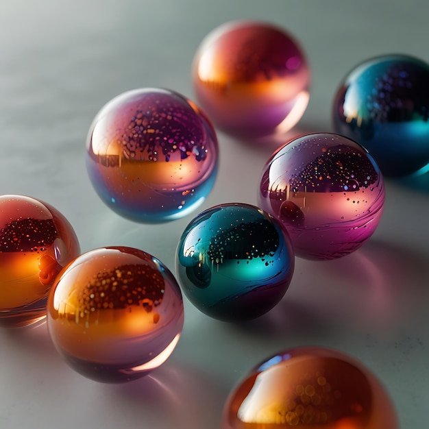 Photo graceful floating liquid orbs with vibrant iridescent hues in a mesmerizing dynamic color display