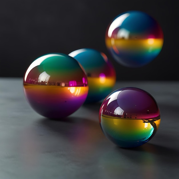 Graceful Floating Liquid Orbs with Vibrant Iridescent Hues in a Mesmerizing Dynamic Color Display