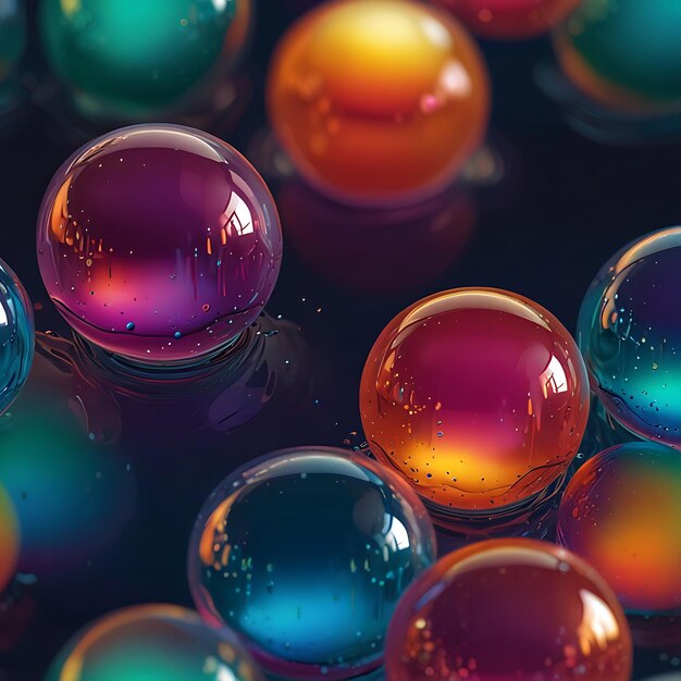 Photo graceful floating liquid orbs with vibrant iridescent hues in a mesmerizing dynamic color display