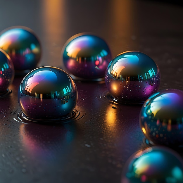 Graceful Floating Liquid Orbs with Vibrant Iridescent Hues in a Mesmerizing Dynamic Color Display