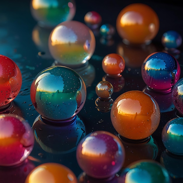 Photo graceful floating liquid orbs with vibrant iridescent hues in a mesmerizing dynamic color display