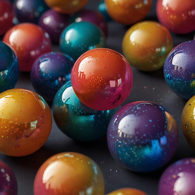 Graceful Floating Liquid Orbs with Vibrant Iridescent Hues in a Mesmerizing Dynamic Color Display