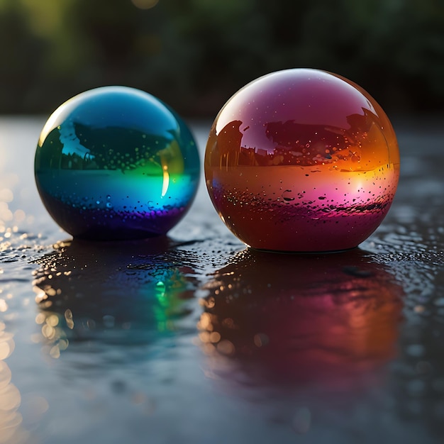 Photo graceful floating liquid orbs with vibrant iridescent hues in a mesmerizing dynamic color display