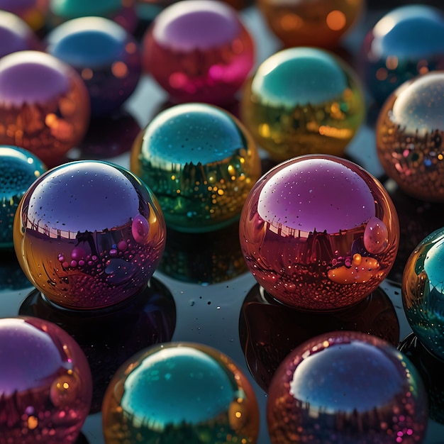 Graceful Floating Liquid Orbs with Vibrant Iridescent Hues in a Mesmerizing Dynamic Color Display