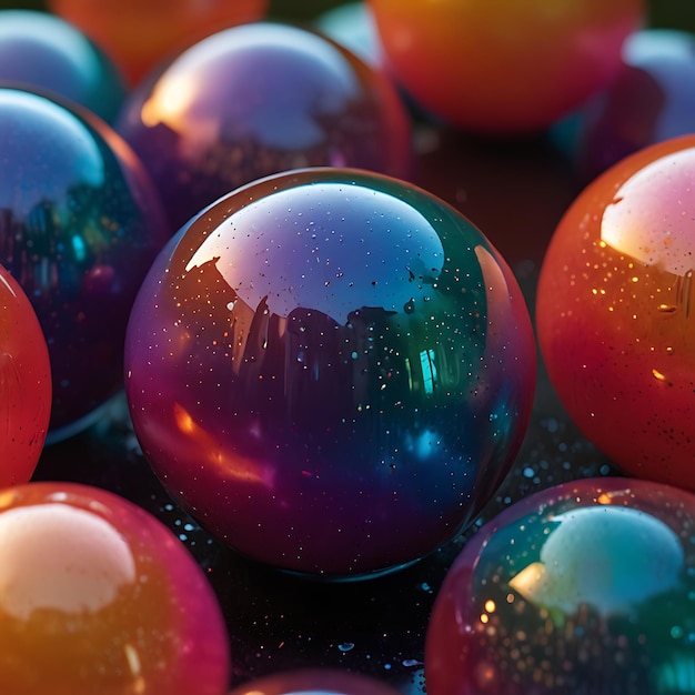 Photo graceful floating liquid orbs with vibrant iridescent hues in a mesmerizing dynamic color display