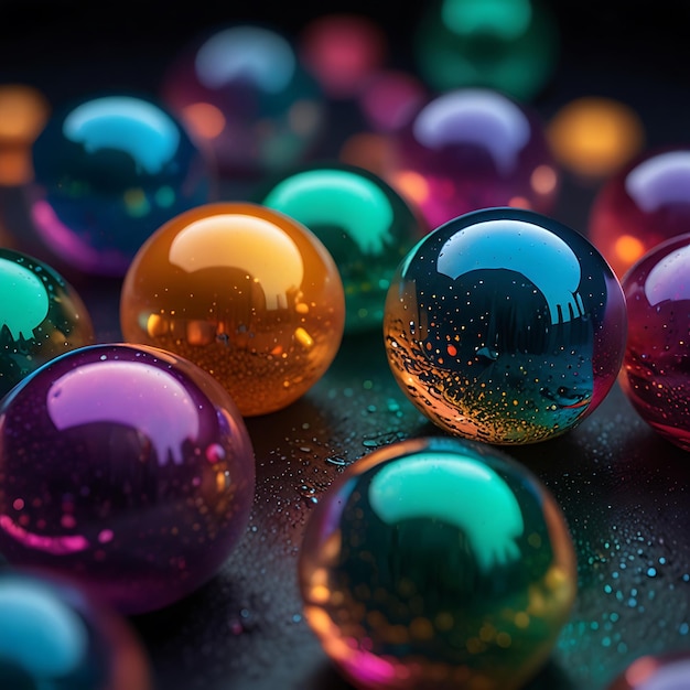 Photo graceful floating liquid orbs with vibrant iridescent hues in a mesmerizing dynamic color display