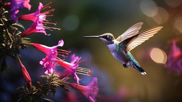 In a Graceful Garden Awash with Morning Sun a Hummingbird Savors Nectar its Wings Sparkling