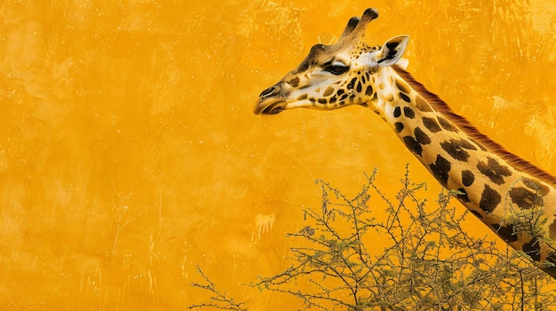 A graceful giraffe stretching its neck to reach high branches its patterned coat and long eyelashes standing out against a warm yellow backdrop