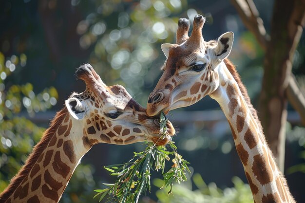 Photo graceful giraffes feeding on leaves with their elegant long necks extended