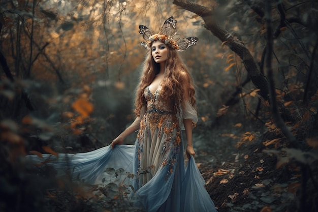 Graceful Girl in the Woods Wearing Blue Dress and Butterfly Crown Looks Amazing