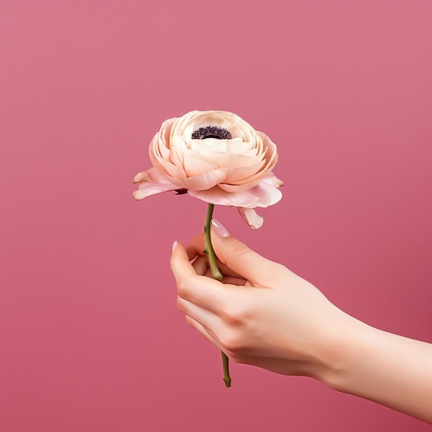 A graceful hand holding a lovely ranunculus flower AI