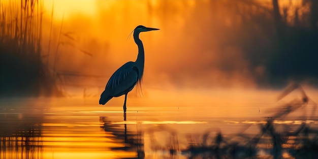 Graceful Heron Silhouette Reflecting in Water A Peaceful and Elegant Relative of the Stork Concept Nature Photography Birdwatching Wildlife Silhouettes Serene Reflections Elegant Wildlife