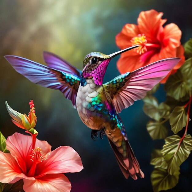 A graceful hummingbird hovers before a vibrant hibiscus bloom