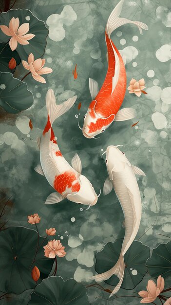 Graceful Koi Fish in a Floral Water Pond