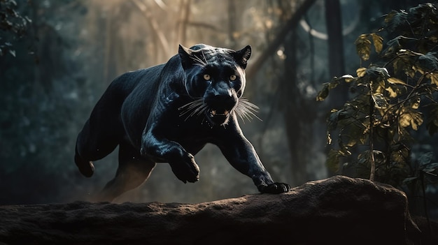 Graceful Leap Black Panther in the Jungle Generative AI