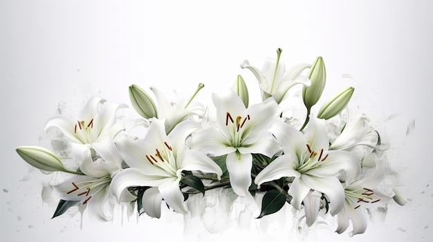 Graceful lilies photo realistic illustration Generative AI White lilies flower leaves