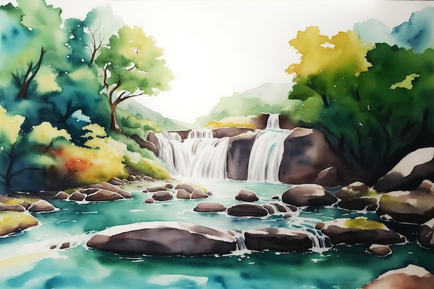 Graceful natural waterfall scenery expressive handdrawn watercolor painting on paper