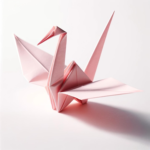 A graceful origami crane created from soft pink paper displayed on a white background