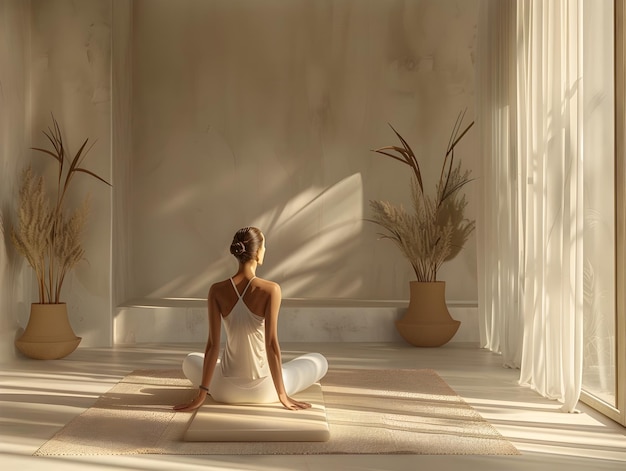 Photo graceful pilates instructor practices zen like pose in serene minimalist studio