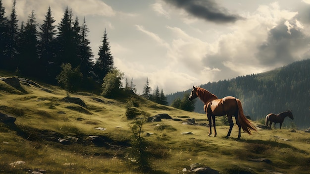 Graceful Roamers Horses at Pasture in Golden Fields