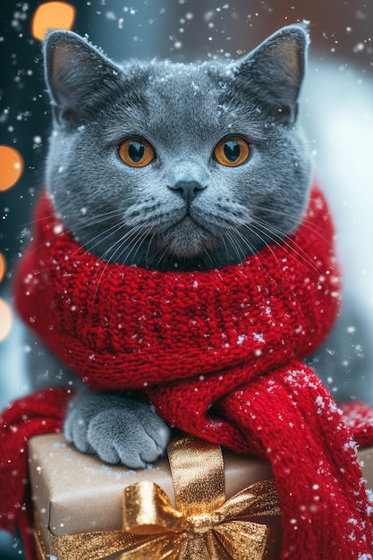 Photo a graceful russian blue cat wearing a festive red scarf