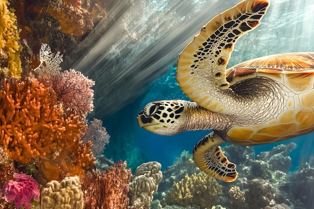 Photo a graceful sea turtle swims through vibrant coral reefs in crystal clear waters showcasing the beau