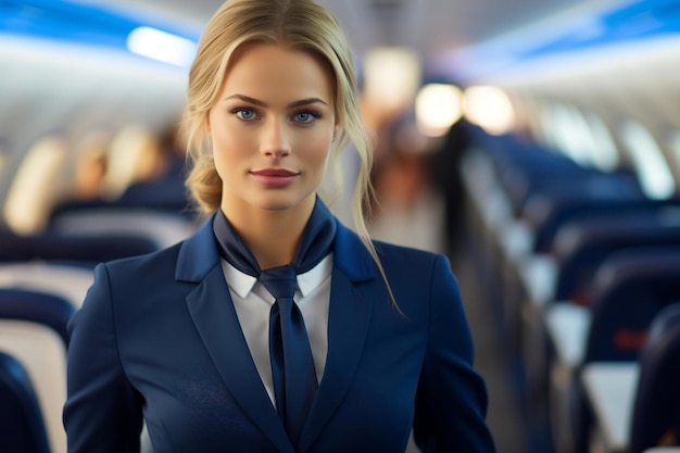 Graceful stewardess working on an airplane AI