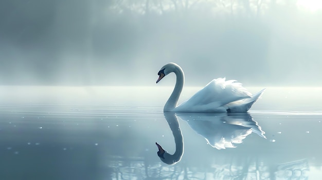 A graceful swan glides across the still waters of a lake its reflection shimmering in the sunlight