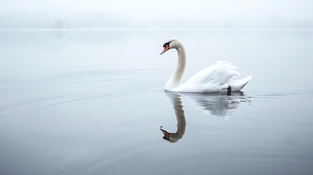 A graceful swan glides across the still waters of a lake its reflection shimmering in the tranquil surface