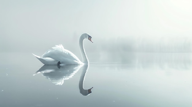 A graceful swan glides across the still waters of a misty lake its reflection shimmering in the tranquil waters