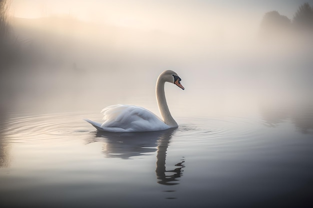 A graceful swan gliding across a serene lake surrounded by soft morning mist