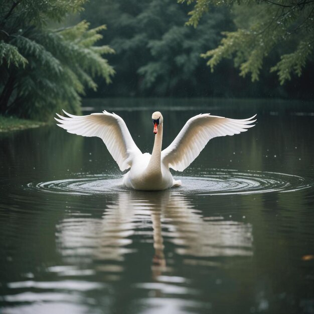 Photo graceful swan gliding serene pond scene with lush grass background