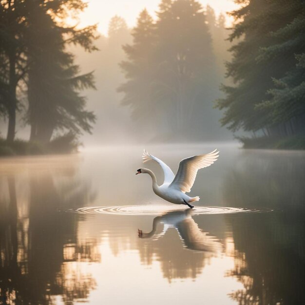 Photo graceful swan gliding serene pond scene with lush grass background