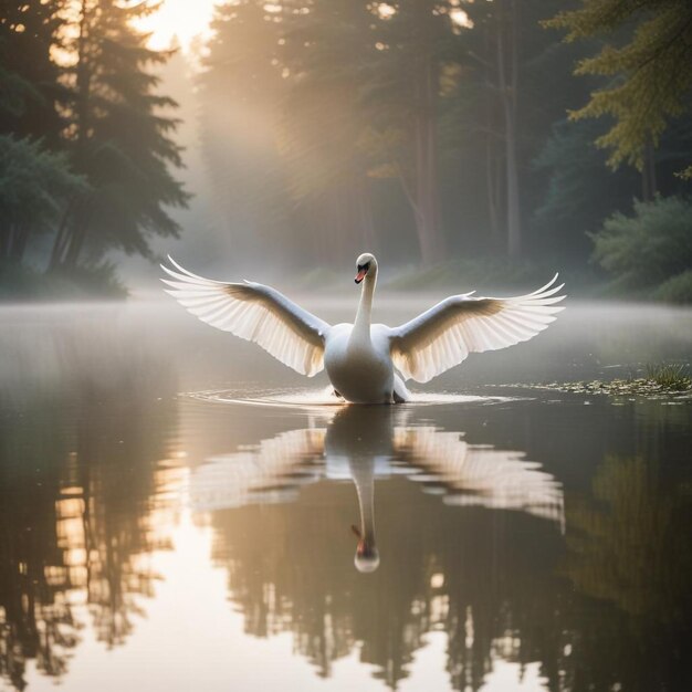 Photo graceful swan gliding serene pond scene with lush grass background