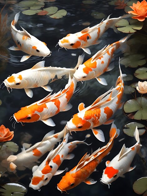 Graceful Waters White and Orange Scaled Koi Fish Gliding Underwater in a Pond