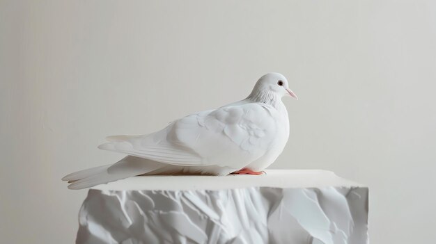 Photo a graceful white dove perched on a marble pedestal bathed in soft light the epitome of purity peace and love