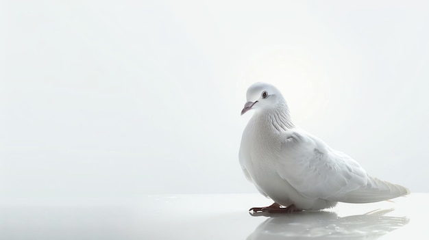 A graceful white dove perches on a reflective surface its feathers glistening in the soft light