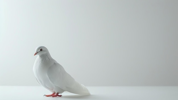 A graceful white dove stands alone on a white surface its head cocked to one side as it gazes at something just outside the frame