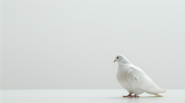 A graceful white dove stands alone on a white surface its head turned to the side in a moment of serene contemplation