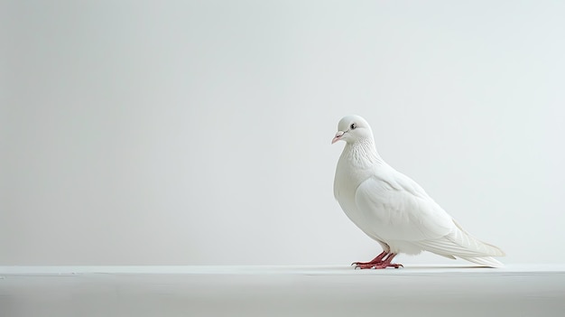 A graceful white dove stands on a wooden perch its head cocked to one side in a curious expression