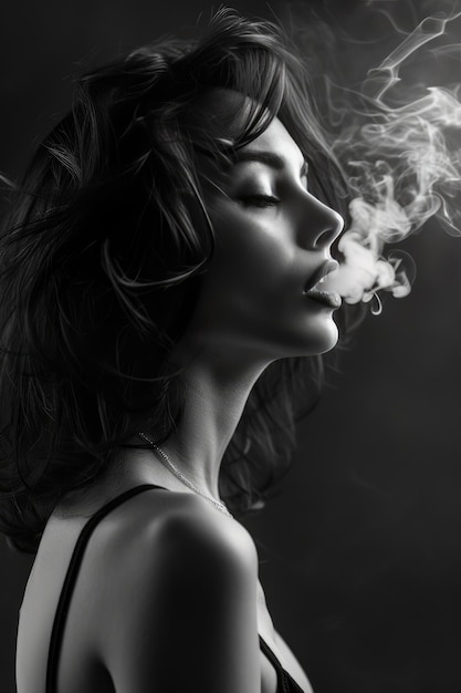 Graceful Woman Enjoying a Smoke Black and White