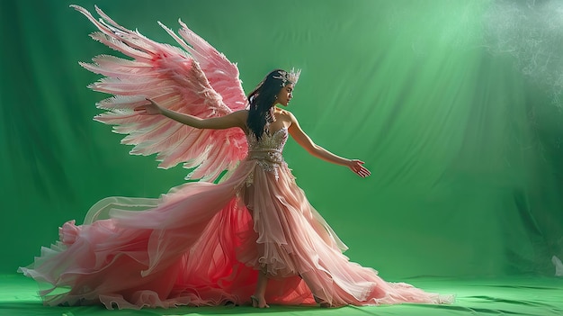 A graceful woman in a pink flowing dress with angel wings dancing against a green screen background